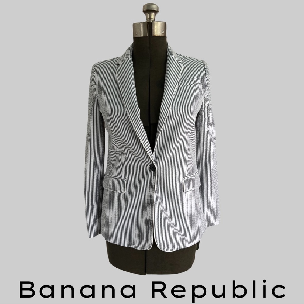 BANANA REPUBLIC BLACK WHITE COTTON+SPANDEX SEERSUCKER BLAZER - SIZE 4